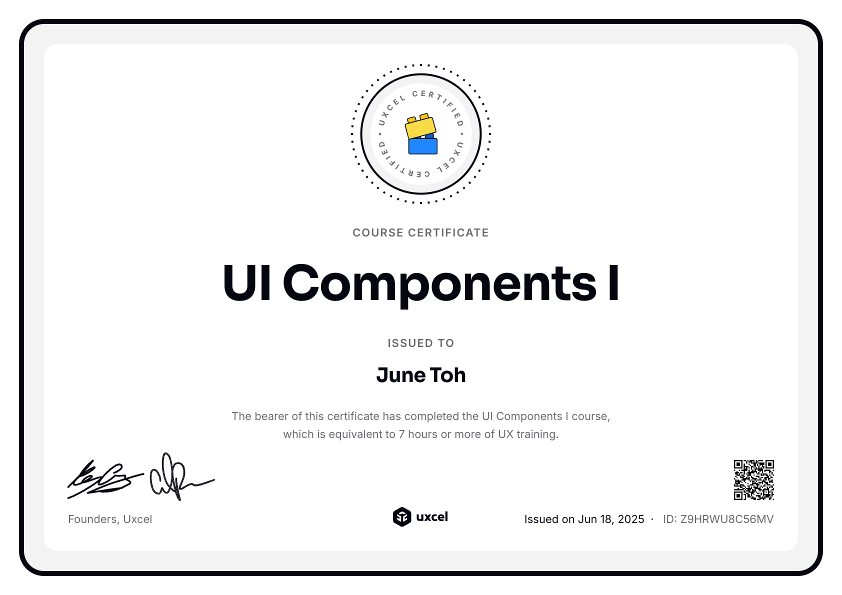 June Toh's certificate